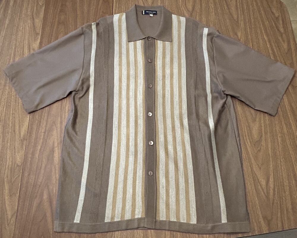 Michael Irvin Playmaker Men’s Shirt, Button Front, Brown, Vertical Stripe - XL